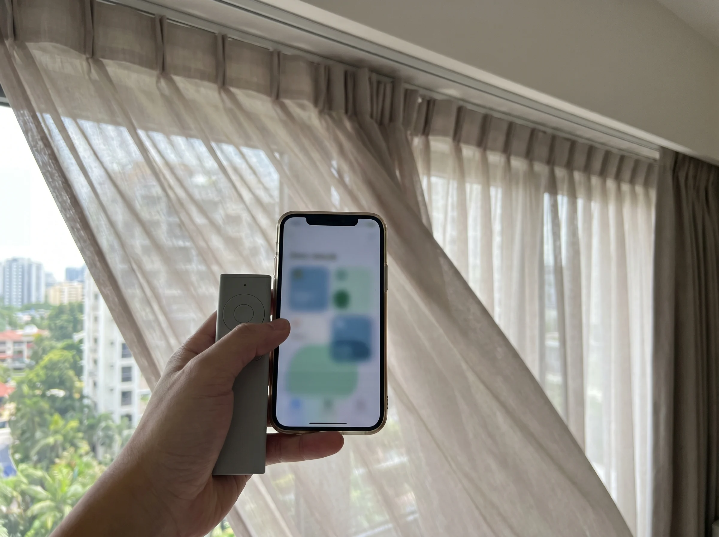 Smart curtain remote and app control setup in Singapore home