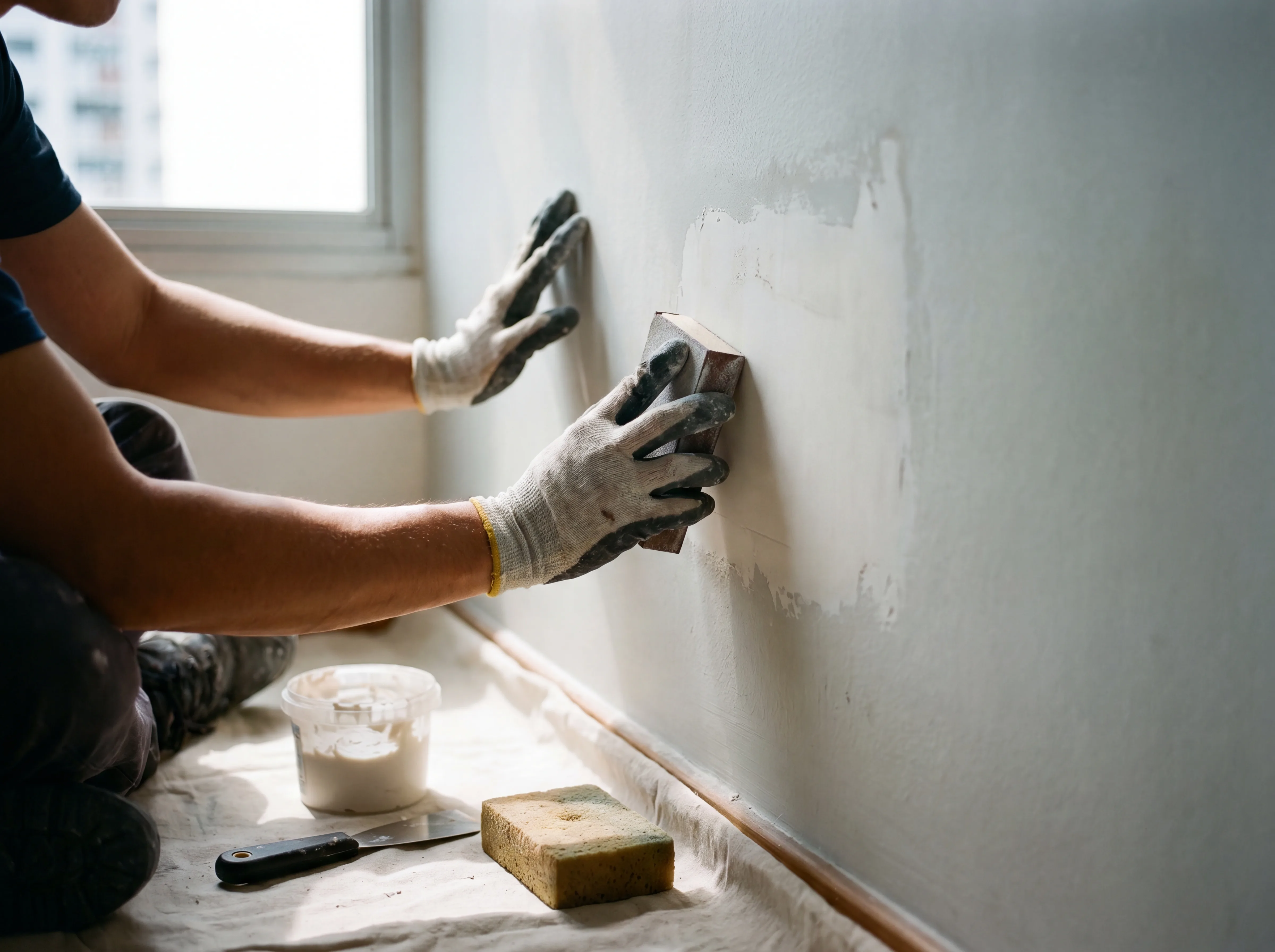 Wall repair specialist finishing a patched wall
