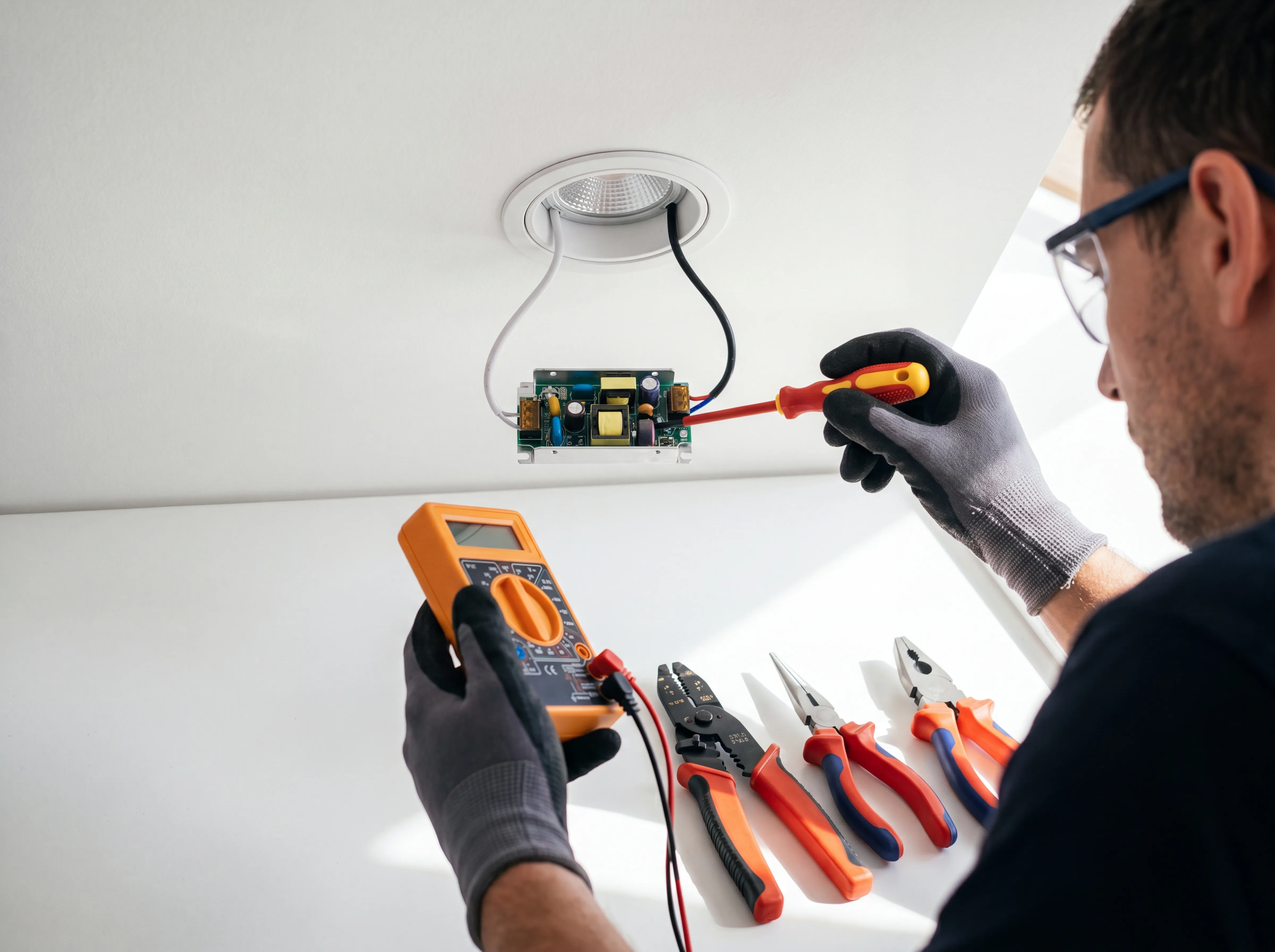 Technician inspecting a ceiling light driver