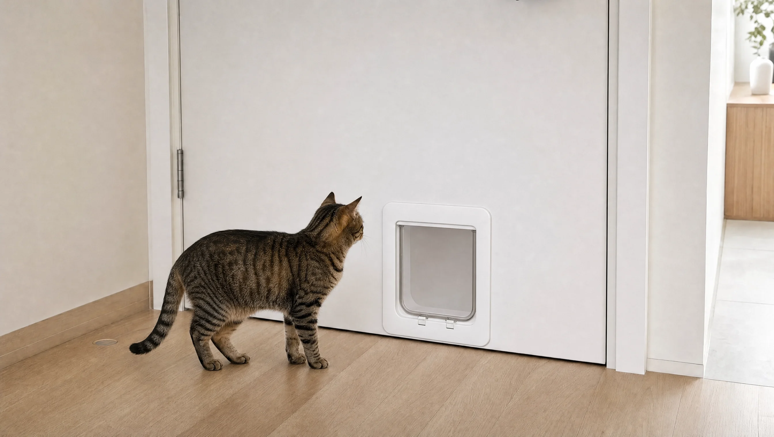 Door after cat door installation with a cat beside the door